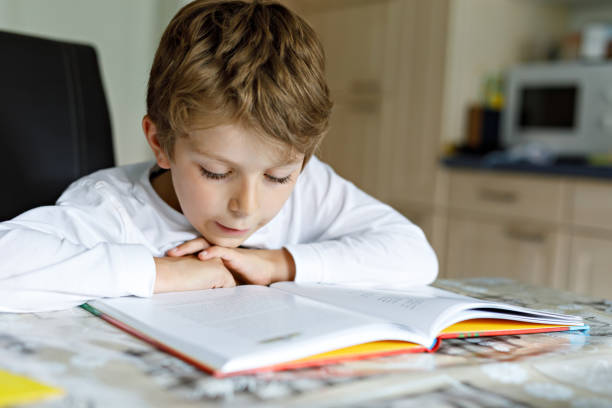 istock Little blonde school kid boy reading a book at home 1163670455