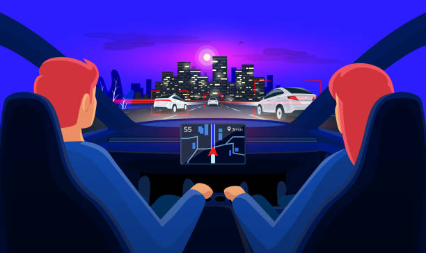 Couple inside autonomous car interior on highway traffic jam with night city skyline. Couple in self-driving autonomous smart driverless electric car on highway to city. Man and woman inside car interior on road trip in traffic jam on autopilot. Dashboard display no hands on steering. woman driving car night stock illustrations