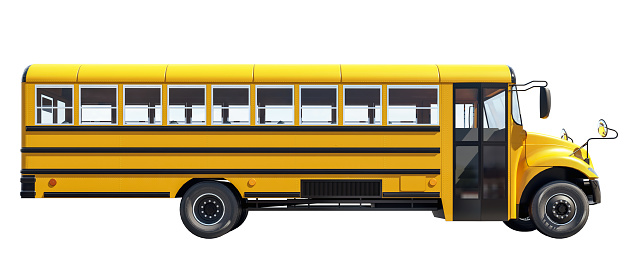 School bus isolated on white background,  concept of going back to school, beautiful sunny day, 3d rendering