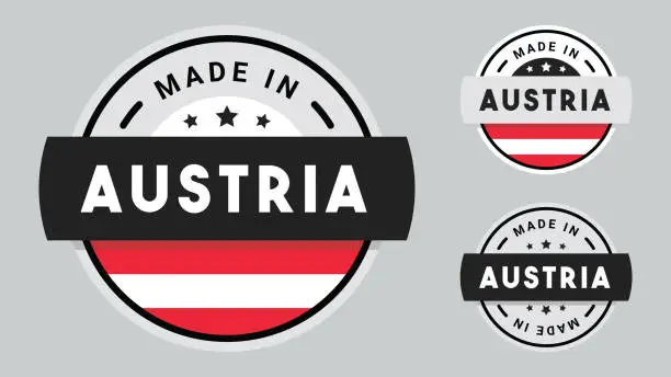 Vector illustration of Made in Austria collection of ribbon, label, stickers, badge, icon and page curl with Austria flag symbol.