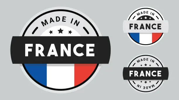 Vector illustration of Made in France collection of ribbon, label, stickers, badge, icon and page curl with France flag symbol.