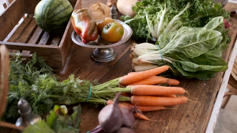 Vegan meal still life on a wooden table.