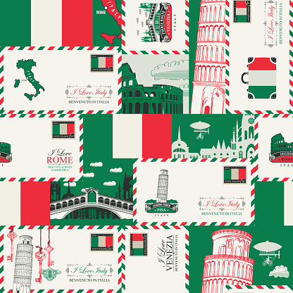 Vector seamless pattern on Italy theme with envelopes, architectural landmarks and Italian flag in retro style. Suitable for wallpaper, wrapping paper, fabric