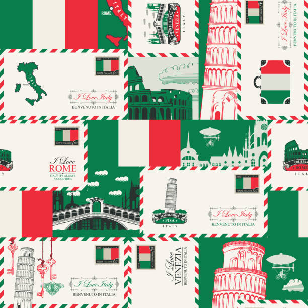Vector seamless pattern on the theme of Italy Vector seamless pattern on Italy theme with envelopes, architectural landmarks and Italian flag in retro style. Suitable for wallpaper, wrapping paper, fabric italian culture stock illustrations
