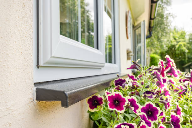 detailed view of newly installed double glazed windows seen on a housing annex. - window sill imagens e fotografias de stock