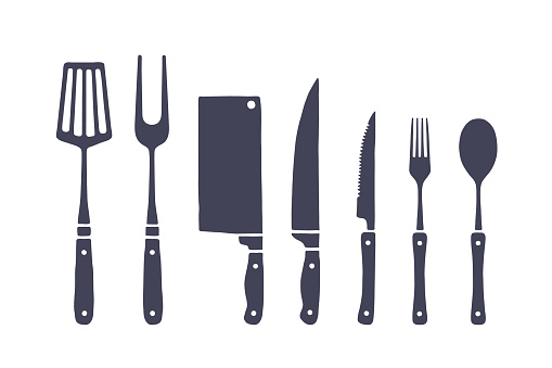 Vintage kitchen set. Set of meat cutting knife, fork, spoon, old school graphic elements. Set of kitchen equipment - butcher chef knife, meat knife, fork, spoon, table knife. Vector Illustration
