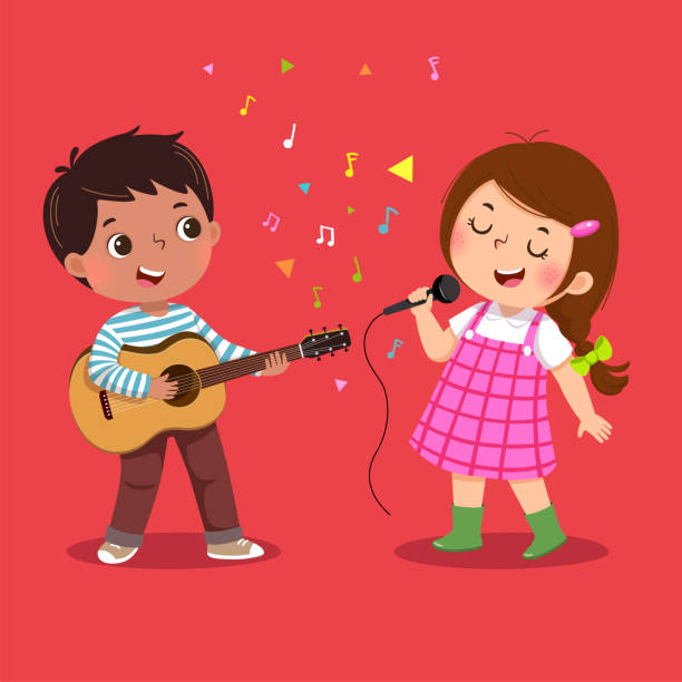 귀여운 소년 연주 기타와 빨간 배경에 노래 하는 어린 소녀 - guitar child music learning stock illustrations