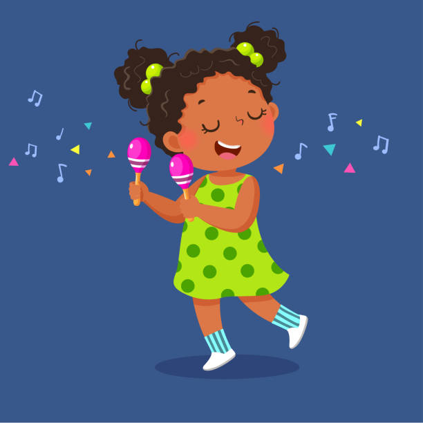 Cute little girl playing the maracas on blue background vector art illustration