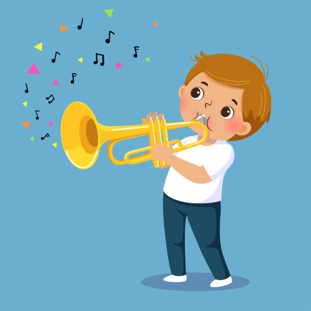 Cute boy playing the trumpet on blue background vector art illustration