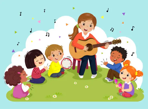 Vector illustration of Young woman playing guitar with a group of kids singing and playing musical instruments. Female teacher and pupils having music in the park.