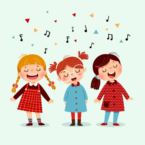 ilustrações, clipart, desenhos animados e ícones de menina três que canta uma canção no fundo azul. três miúdos felizes que cantam junto. - cantando