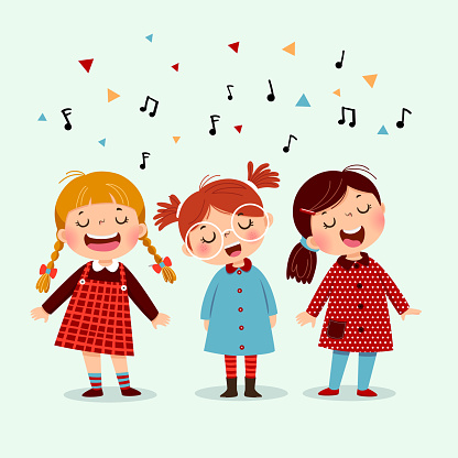 Three little girl singing a song on blue background. Happy three kids singing together.
