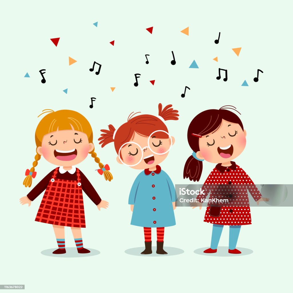 Three Little Girl Singing A Song On Blue Background Happy Three Kids  Singing Together Stock Illustration - Download Image Now - iStock