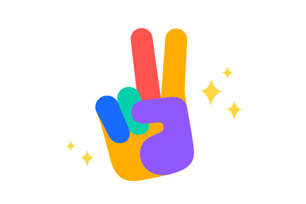 Hand sign rock. Fun Sticker. Colorful fun sticker - hand up sign Rock Hand sign victory or peace. Fun Sticker. Colorful fun sticker - hand up sign Victory or Peace with stars. Design cartoon stickers, pins, badges isolated on white background. Vector Illustration gesturing stock illustrations