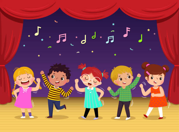 illustrations, cliparts, dessins animés et icônes de groupe d'enfants dansant et chantant une chanson sur la scène. performance des enfants. - preschooler