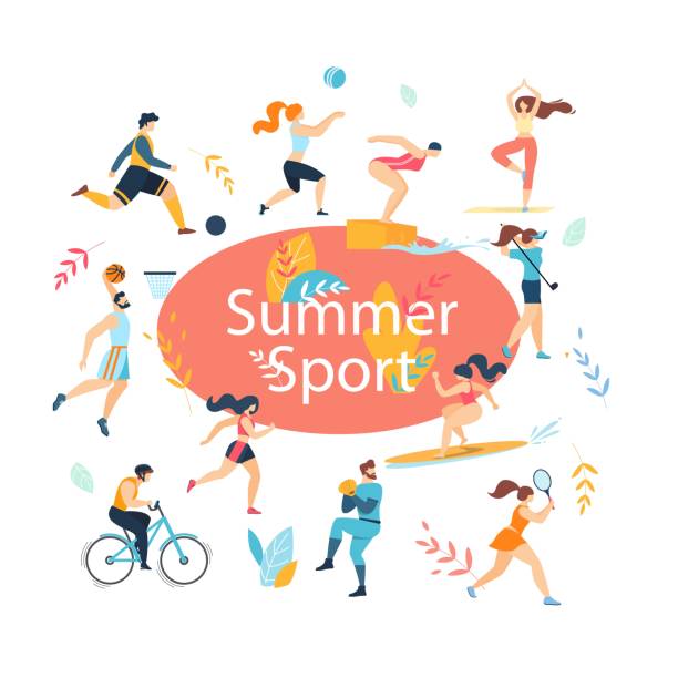 набор летних спортивных мероприятий. тренировки спортсменов - tennis child sport cartoon stock illustrations