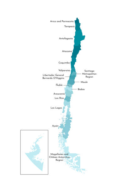 ilustrações, clipart, desenhos animados e ícones de vector a ilustração isolada do mapa administrativo simplificado do chile. fronteiras e nomes das regiões. silhuetas cáqui azuis coloridas - coquimbo region