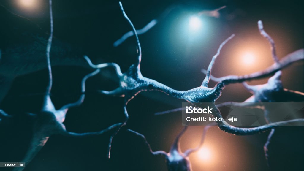 Neuron cells system Neuron cells system - 3d rendered horizontal image of neurons cells.View  interconnected neurons cells with electrical pulses. Conceptual medical image. Healthcare concept. Amyotrophic Lateral Sclerosis Stock Photo