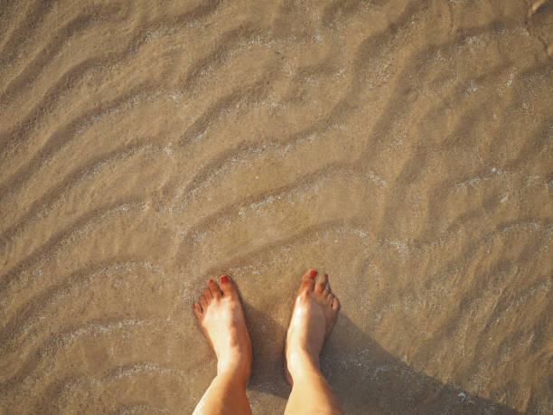 istock Selfie woman feet on sunset beach background. 1163685253