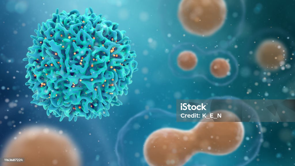 Medical concept of cancer. 3d illustration of T cells or cancer cells. Medical concept of cancer on an abstract background. 3d illustration of T cells or cancer cells. Oncology Stock Photo