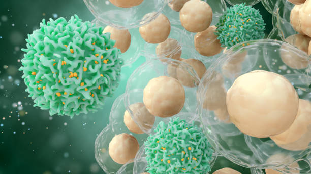 concepto médico de cáncer. ilustración 3d de células t o células cancerosas. - human white blood cell fotografías e imágenes de stock