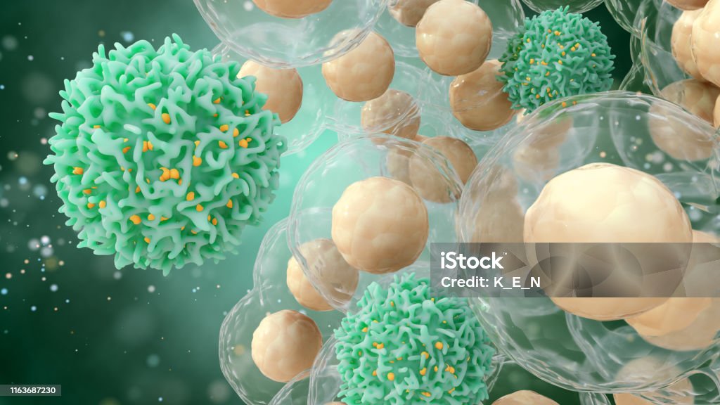 Medical concept of cancer. 3d illustration of T cells or cancer cells. Medical concept of cancer on an abstract background. 3d illustration of T cells or cancer cells. Oncology Stock Photo