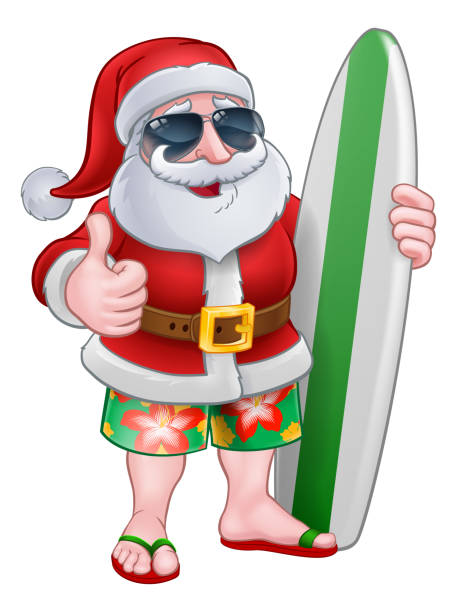 ilustraciones, imágenes clip art, dibujos animados e iconos de stock de cool santa con tabla de surf y gafas de sol de dibujos animados - white background image australia sunlight