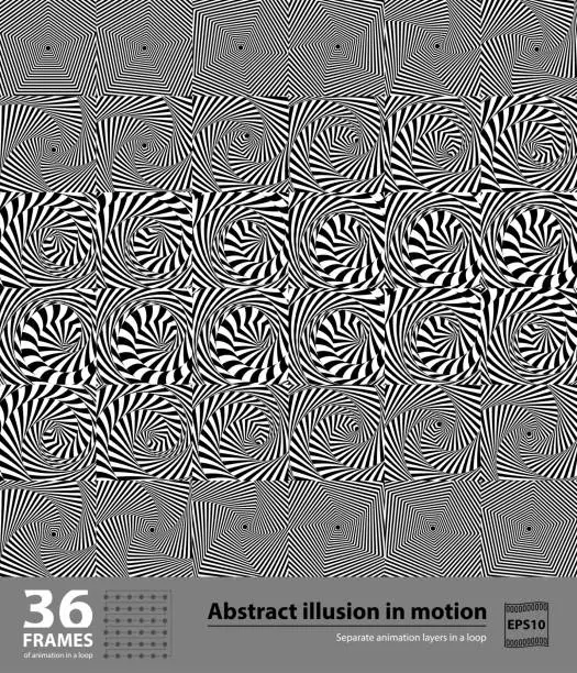 Vector illustration of Abstract illusion in motion. 36 frames. Hypnotic Black and White element in motion. Separate animation layers in a loop. Vector. EPS10