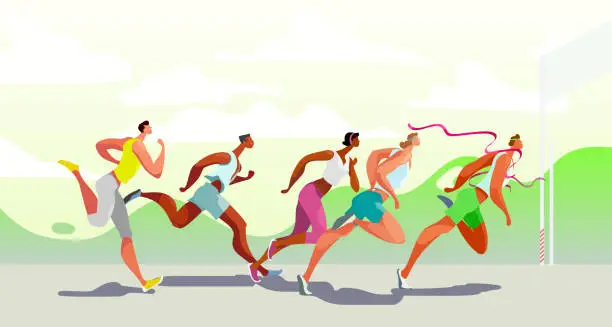 Vector illustration of Dinamic running people. Winner. Sports competition on the air. Marathon run. Vector. Eps10