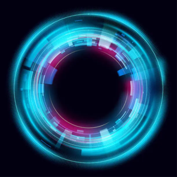 Vector illustration of Magic circle light effects. Illustration isolated on dark background. Mystical portal. Bright sphere lens. Rotating lines. Glow ring. Magic neon ball. Vector. Eps10