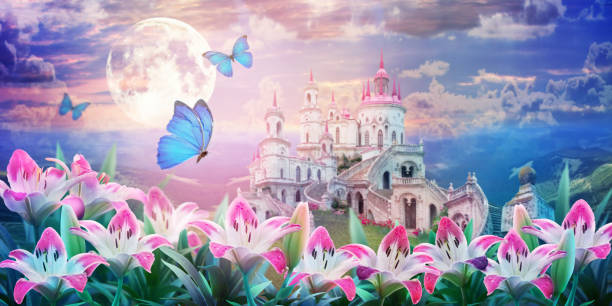 분홍색 백합 꽃과 펄럭이는 나비와 꽃 여름 환상적인 풍경. - fairy tale 뉴스 사진 이미지