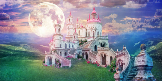 fantastic landscape with beautiful old castle and moon. Wonderland background fantastic landscape with beautiful old castle and moon. Wonderland background fairy photos stock pictures, royalty-free photos & images