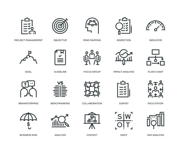 ilustraciones, imágenes clip art, dibujos animados e iconos de stock de conjunto de iconos de análisis de negocio - flowchart symbol computer icon icon set
