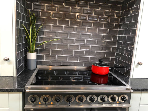 istock Image of glossy grey brick effect tiling / brick wall tiles with red saucepan, modern induction ceramic hob black kitchen cooker stove electric hot plate zones, touch control knobs, granite worktop countertop / sansevieria plant, mother in law's tongue 1163693893