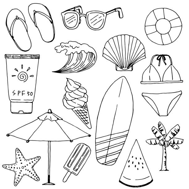 sommerurlaub zeichnung set - salzwasser sandalen stock-grafiken, -clipart, -cartoons und -symbole