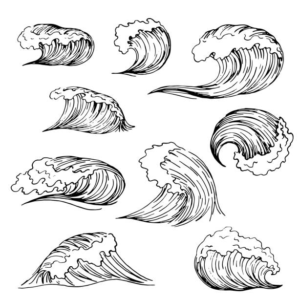 Set Of Wave Drawing Vector illustration of Waves. storm surge icon stock illustrations