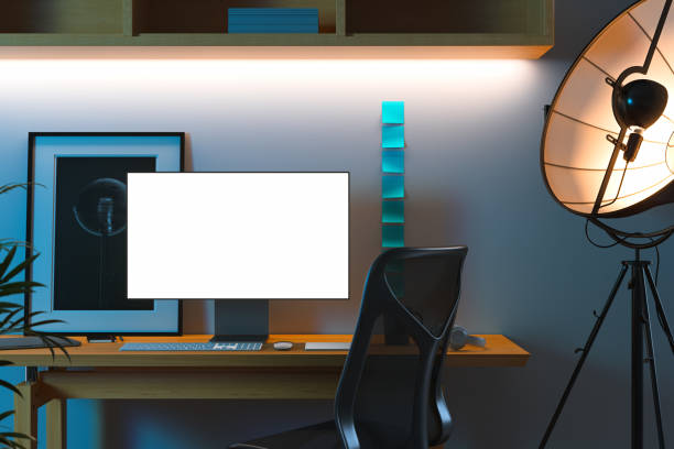istock Black realistic pc with big blank white monitor, keyboard and photo frame. 3d rendering. 1163694772