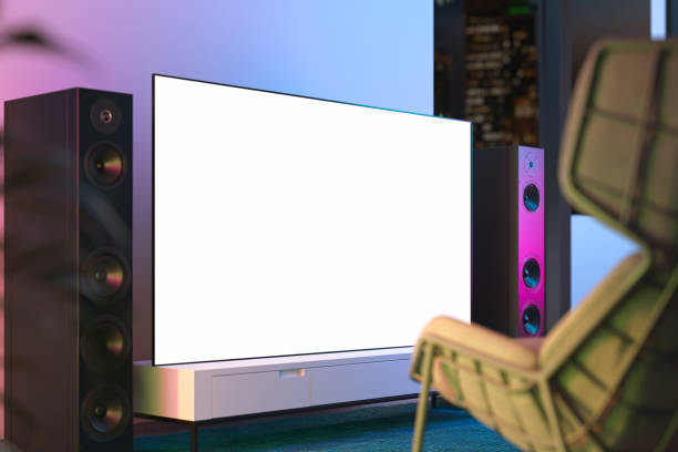 istock Blank big white tv set with copy space on white cupboard in modern interior, 3d rendering. 1163694774