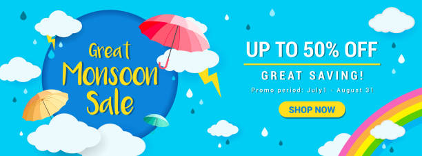 ilustrações de stock, clip art, desenhos animados e ícones de great monsoon sale banner vector illustration. rainy season promotion - rainbow umbrella descriptive color multi colored