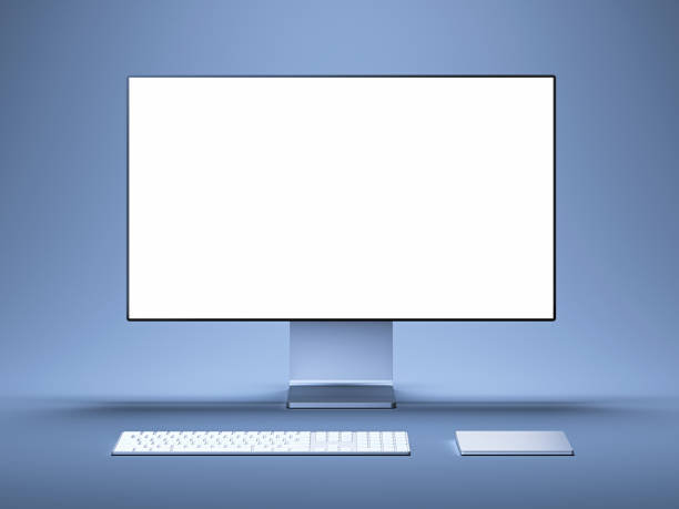 istock Realistic pc with big white blank monitor, keyboard and computer mouse. 3d rendering. 1163695424