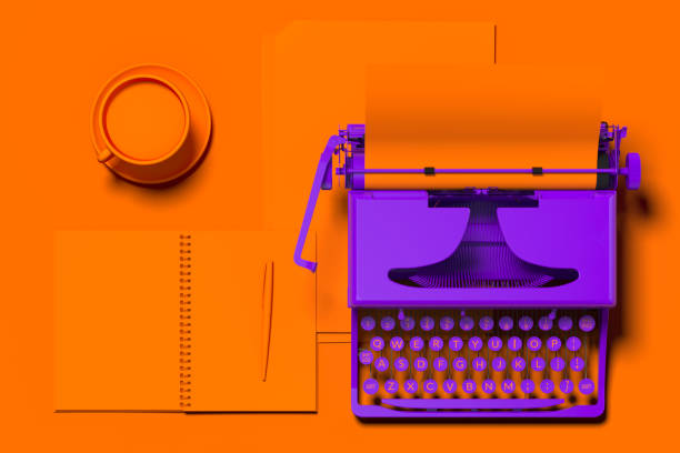 istock Realistic violet typewriter with orange blank paper on orange desk. 3d rendering. Minimalism concept. 1163695753