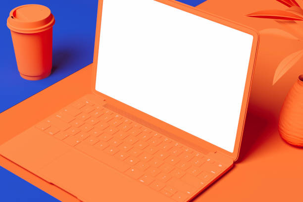 istock Orange laptop with white blank screen isolated on orange and blue background. 3d rendering. 1163695766