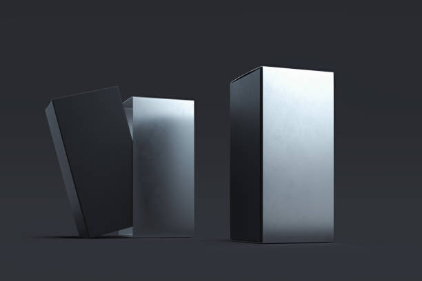 istock Blank black glossy realistic cardboard boxes isolated on black background. 3d rendering. 1163695963