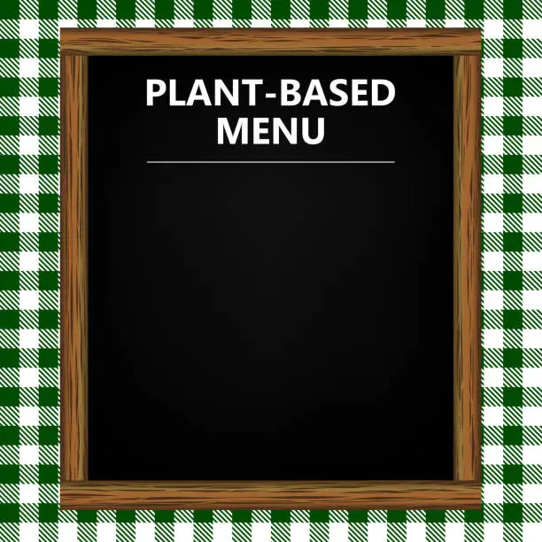 Vector illustration of Plant-Based Menu Blackboard On Green Gingham Pattern Background