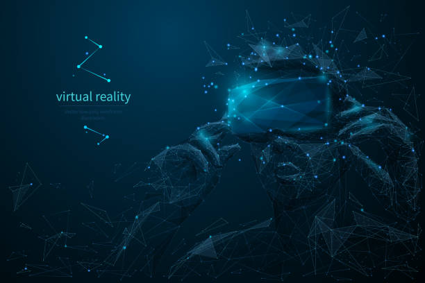 biceps v2 LP BL Virtual reality headset low poly wireframe banner template. Polygonal man wearing VR glasses mesh art illustration.  VR games playing. 3D innovative modern technologies with connected dots wire frame model illustrations stock illustrations