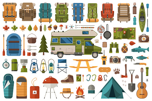Camping and hiking elements. Forest hike icon set. Camp gear backpacker collection including tourist tent, RV camper, rafting boat and other camping equipment. Wanderlust scout adventure icons.