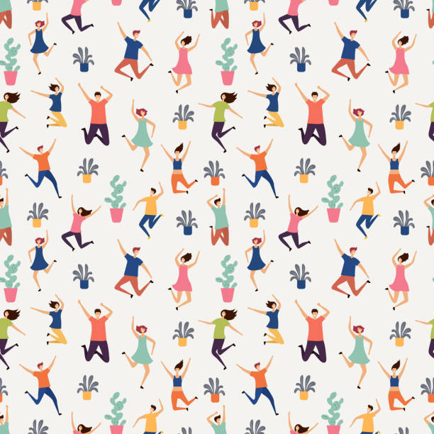 Jumping and flying people seamless pattern. Plants and happy humans vector texture Jumping and flying people seamless pattern. Plants and happy humans vector texture. Jumping together people pattern, seamless background male and female illustration forever friends stock illustrations