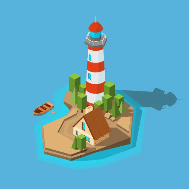 Vector illustration of Lighthouse isometric. Sea ocean boat beach small island with navigation lighthouse and building vector picture