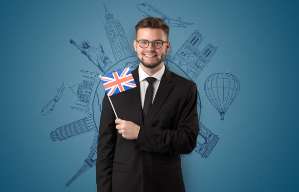 istock Elegant man with sightseeing concept and flag 1163699000