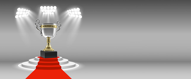 Success, winning or best of concept, 3D trophy object on stage with red carpet, top of the all things. You can use this composition as square via cropping or use as full for large copy space.